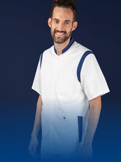 A geriatric carer wears a tunic.
